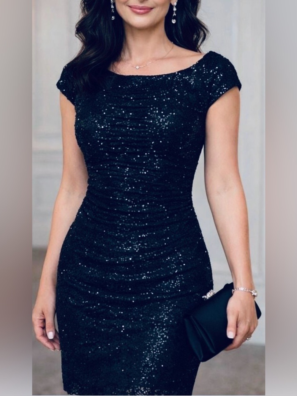 Ralph Lauren Sequin Dress w/ ruched tulle overlay. Cape sleeves. Navy blue. 6-8